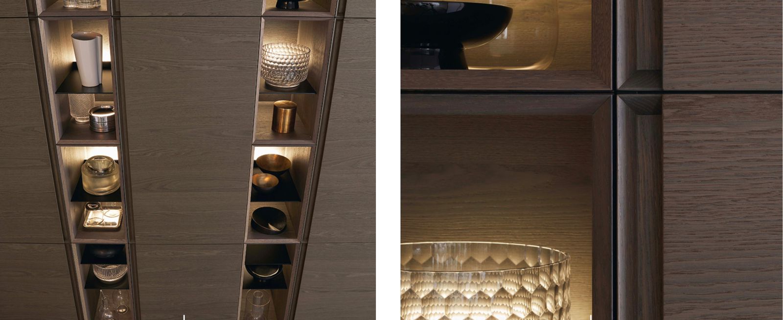 Diseño y decoración de cocina con isla y piletas con paredes en color madera